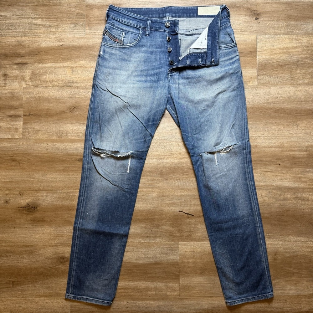 Diesel D-Bazer Jeans Men 32x32 Blue Tapered Stretch Destroyed Faded Punk 084GR